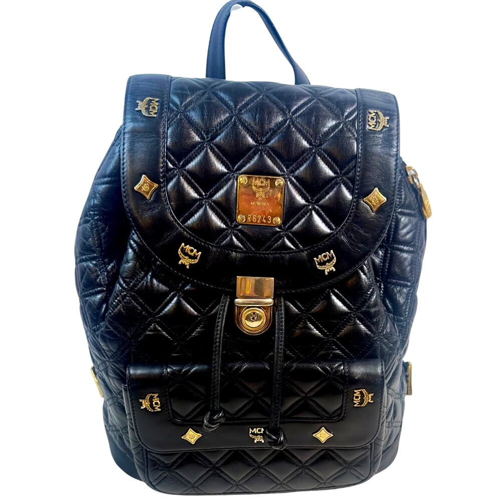 Vintage MCM Black Quilted Leather Backpack Gold Hardware Michael Cromer Bag